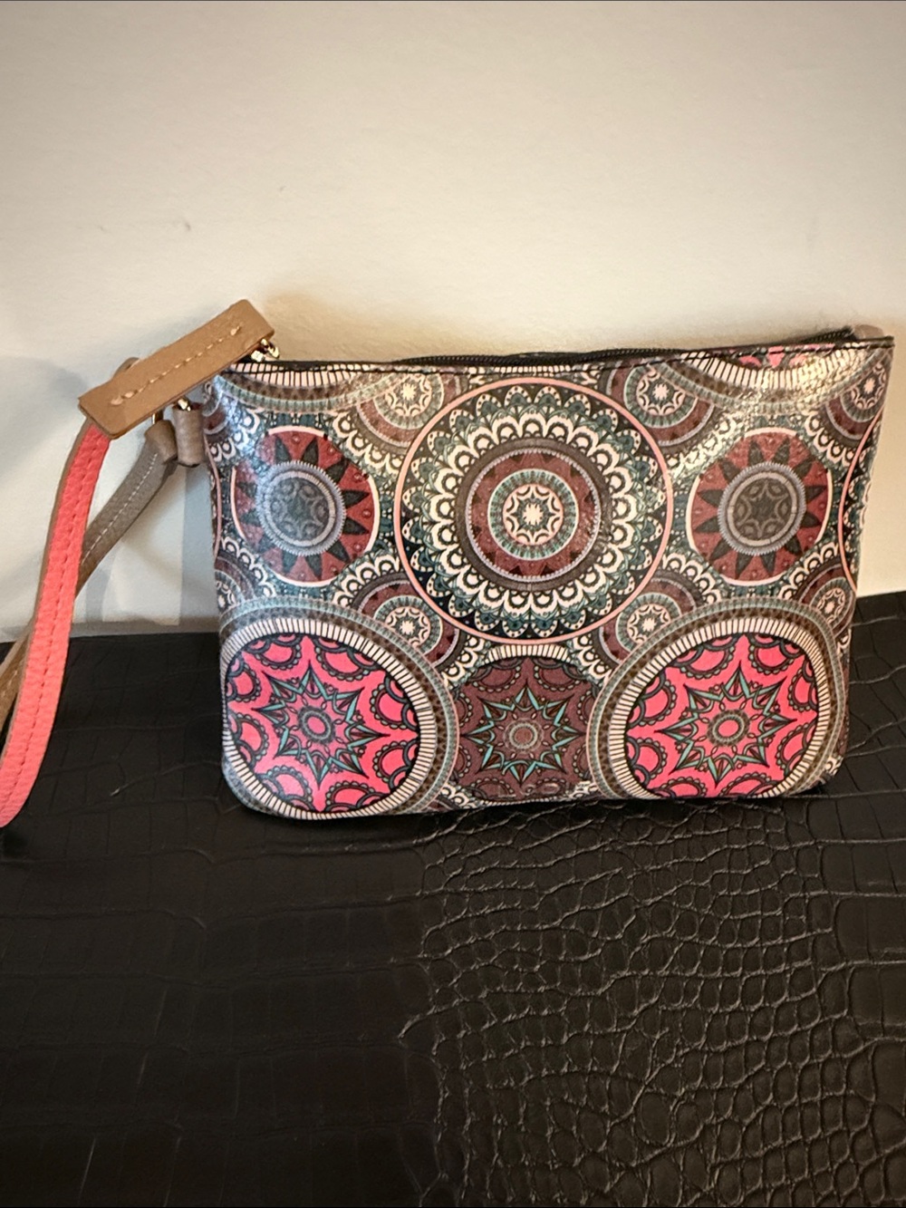 Wristlet Pouch in Pink and Brown with Mandala Print